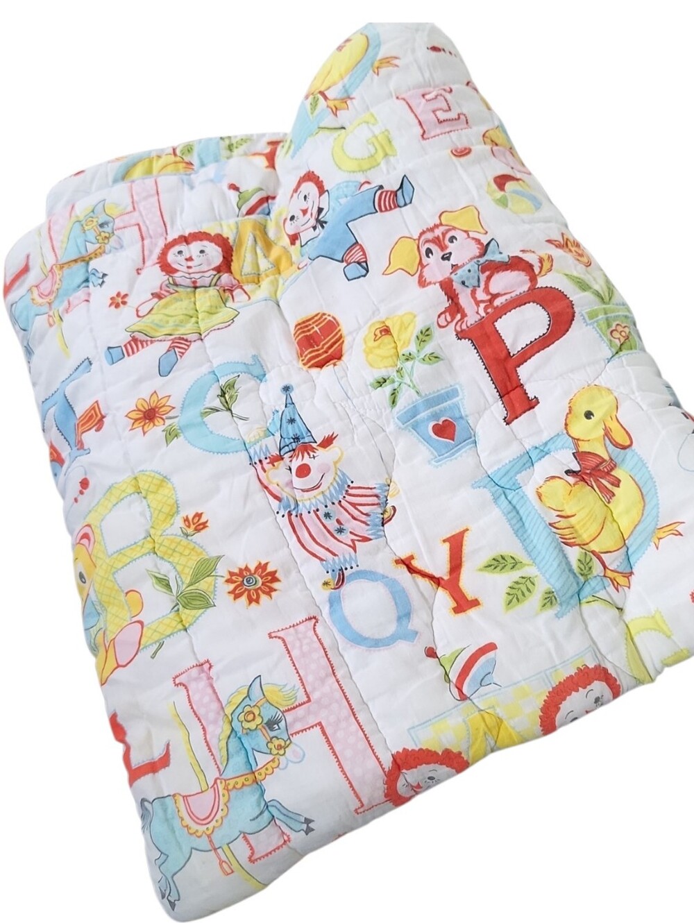 Vintage Raggedy Ann & Andy Kitschy Cute Nursery Alphabet & Toy Quilt 48" x 40"
